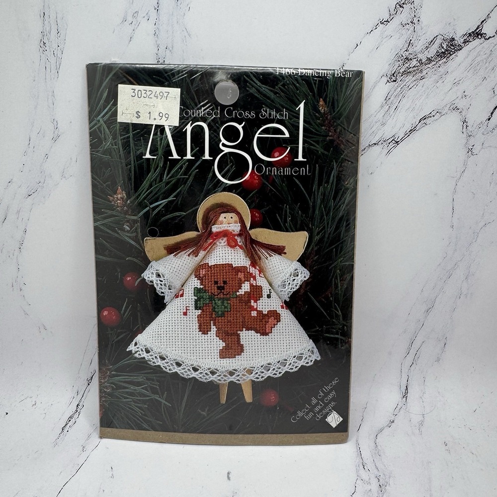Designs for the Needle Clothespin Angel Ornament Kit White Dress Brown Hair Bear